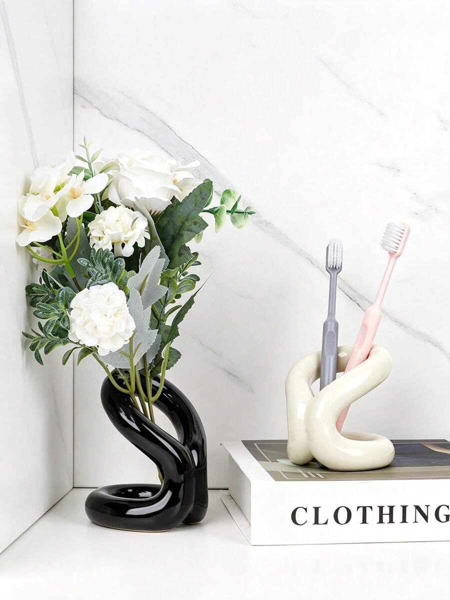 1pc Modern Art Style Ceramic Makeup Brush Holder, Toothbrush & Toothpaste Rack, Minimalist Desktop Organizer Suitable For Bedroom And Bathroom - Multicolor - View 1