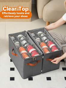 2pcs Foldable Shoe Storage Bags With Transparent Cover And Fixed Divider, Stackable Fabric Closet Shoe Organizer Boxes, Space Saving Multipurpose Design Fits 8 Or 16 Pairs, Ideal For Dorm Entryway And Closet, Mother's Day, Dark Grey - View 2