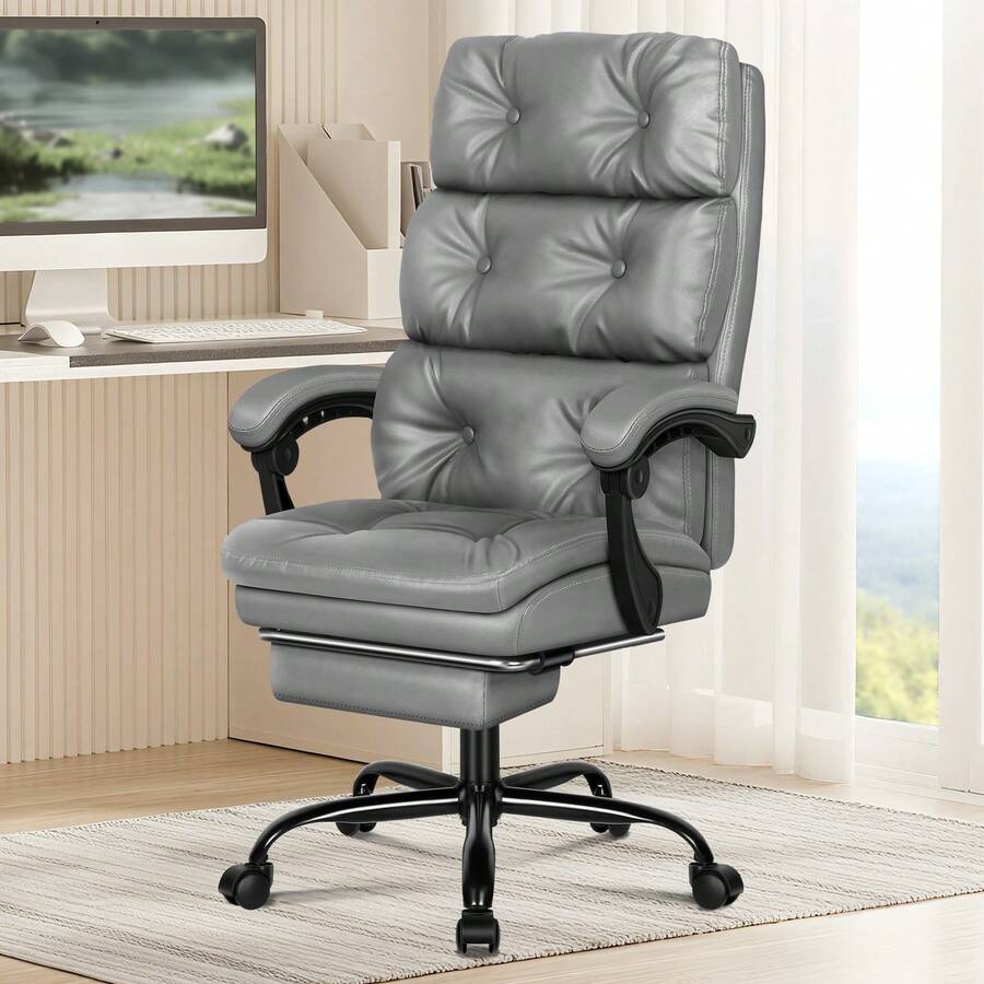 ELFORDSON Office Chair Executive Computer PU Leather Seat Work Recliner Gaming, Grey