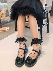 1 đôi tất nữ mỏng, viền ren, dài đến giữa bắp chân, kiểu Lolita, dễ thương và đa năng, thích hợp mặc hàng ngày, mùa xuân/hè. - Nhiều màu - Xem 1