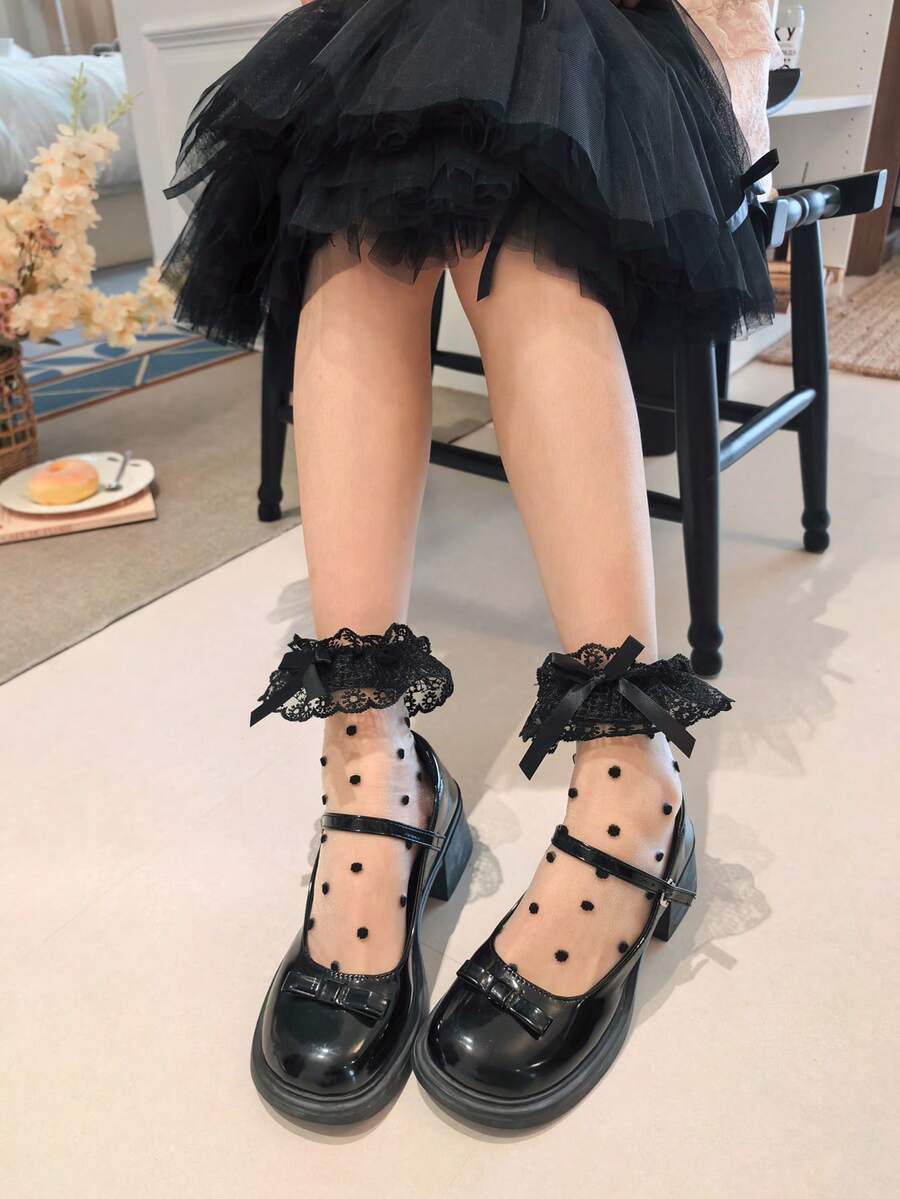 1 đôi tất nữ mỏng, viền ren, dài đến giữa bắp chân, kiểu Lolita, dễ thương và đa năng, thích hợp mặc hàng ngày, mùa xuân/hè. - Nhiều màu - Xem 1