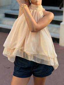 Women's Solid Color Ruched Halter Neck Versatile Casual Top - Light Yellow - View 4