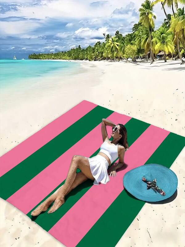 1 件粉绿条纹沙滩毯，防水野餐垫，轻便可折叠露营垫，适合户外、沙滩、公园、露营、旅行和夏季户外装备