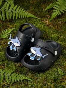 Kids Black Shark EVA Clogs, Adjustable Heel Strap Sandals, Cute Summer Beach Shoes For Boys Girls - Black - View 3