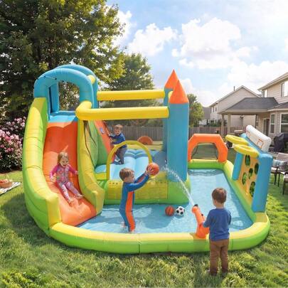 Kinder Hüpfburg,Aufblasbare Hüpfburg für Kinder von 3-10 Jahren, Outdoor Castle Bouncer mit Gebläse,mit Rutsche Sprungbereich Wasserpool Fußballnetz,Basketballkorb, Aufblasbare Größe: 360*320*200cm