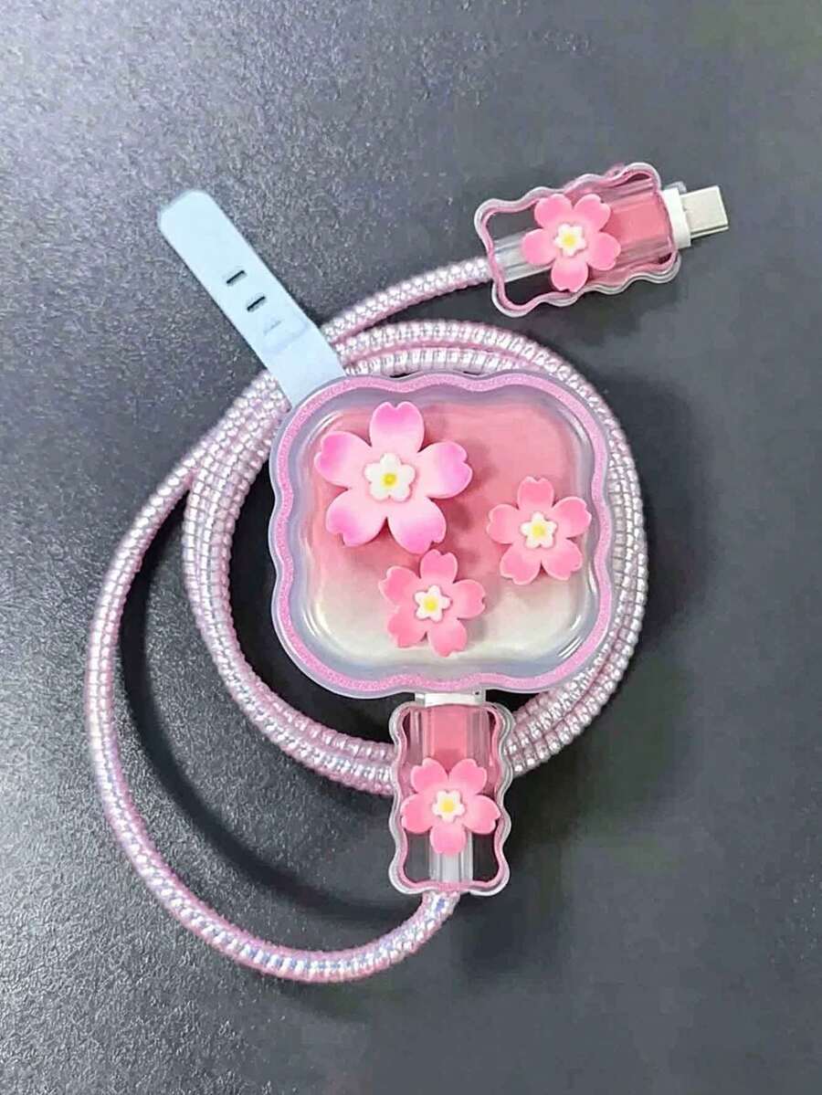 5个粉色3D花朵波浪纹TPU充电线保护套，兼容苹果20W英规插头充电器 - 彩色 - 查看 1