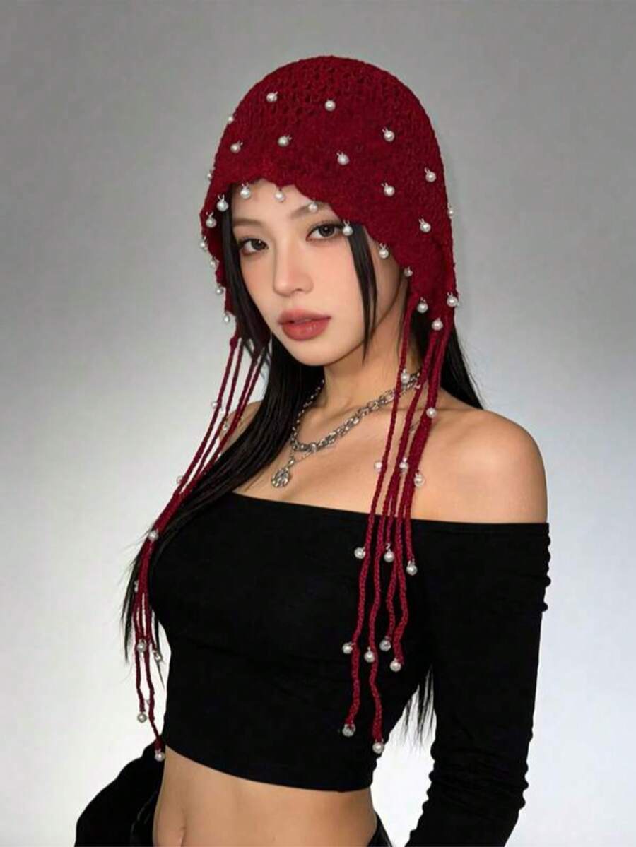 1pc Handmade Crochet Hollow Out Knitted Hat, Lightweight Woven Tassel Decor Hat, Fashionable Summer Sun Protection Bohemian Style, Suitable For Mother And Daughter, Women Holiday/Halloween Costume,Beach,Vacation - Multicolor - View 1