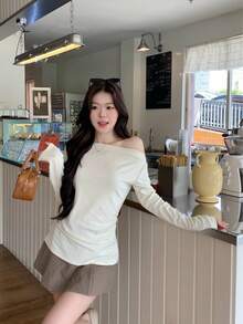 Plunging Neck Striped Long Sleeve T-Shirt, New Arrival Slim Fit Unique Design Top For Women Casual Spring - Apricot - View 5