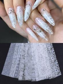 10 rollos de calcomanías de uñas con estampado de encaje blanco de 100x4cm, decoraciones de uñas elegantes de cobertura completa de encaje, decoraciones de arte de uñas románticas de boda y cielo estrellado, suministros de salón de uñas DIY para mujeres y niñas - Blanco - Ver 3