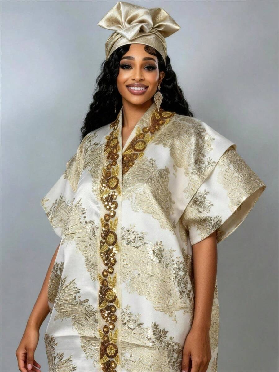 Plus Size African Print Satin Dresses 2 Piece Set Gradient Color Custom Made Elegant Women Outfit Fashionable Oversized Ladies Dress - 紅色 - 查看 1
