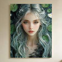 Enmarcado 1 pieza, con marco,  [2D Plano] Arte de Pared en Lienzo de la Diosa del Agua Etérea con Estanque de Lirios Encantador y Cabello Plateado Fluyente para Decoración de Hogar Mística y Serena, 2D Plano - Enmarcado - Ver 6