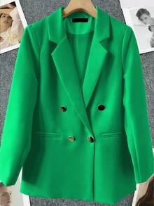 Blazer Wanita Lengan Panjang Polos Kancing Ganda Musim Semi & Musim Panas, Kerah Berlekuk | Ideal untuk Kencan, Pesta, Jalan-jalan & Perayaan Meriah - Hijau zamrud - View 3