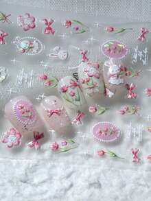 1 hoja de pegatinas de arte de uñas 3D con estilo dulce de tulipanes rosas y blancos, conejos, diseño femenino lindo con conejo, tulipán, lazo, cadena de perlas y otros elementos primaverales, adecuado para mujeres DIY - Multicolor - Ver 2