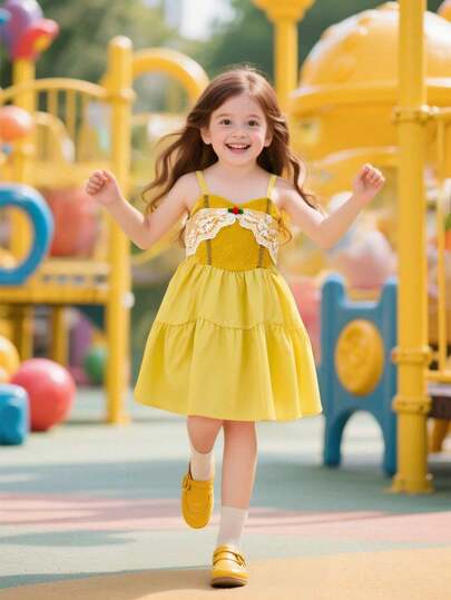 Yellow Lace Decor Elegant Casual Spaghetti Strap Princess Dress, Waist Cinched A-Line Silhouette Summer Camisole Dress, Casual Everyday Dress, Suitable As Birthday Gift, For Outings, Gatherings And Other Events