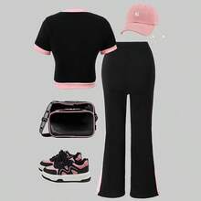 Spring/Summer Girls Casual Cute Colorblock Bow Decor Round Neck Short Sleeve Top & Wide Leg Pants 2 Pieces Set - Black - View 2