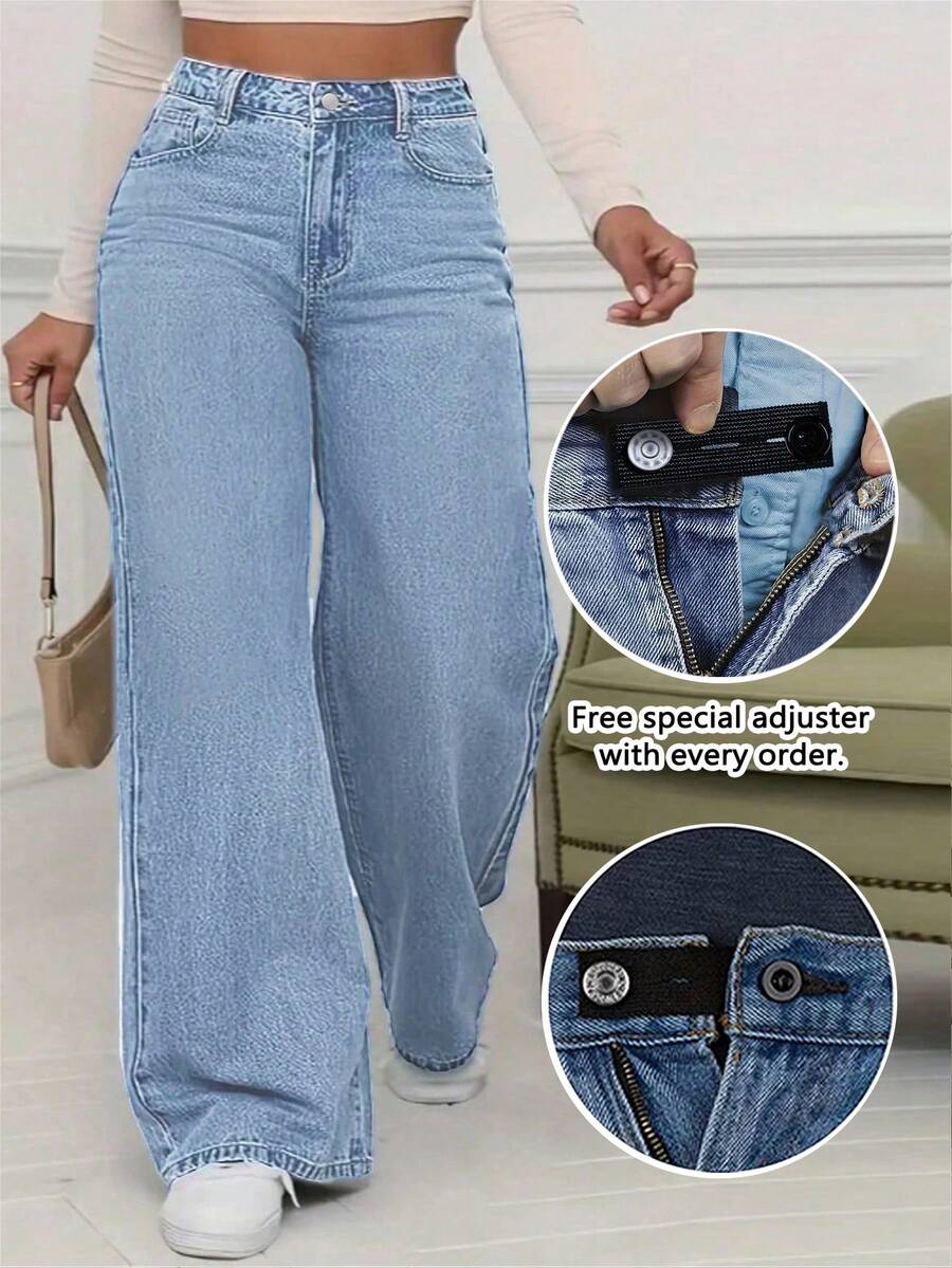 Women's Mid Waist Non Elastic Casual Loose Straight Leg Denim Pants Suitable For Daily Commuting And Home Wear - Rửa nhẹ - Xem 1