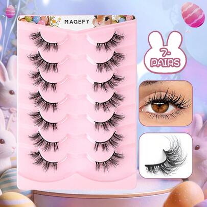 MAANGE 7 Pairs Cartoon Style Natural Thin False Eyelashes - Thin Faux Mink Cat Eye Lashes, Create Natural Daily Makeup - Reusable, Comfortable, Suitable For Beginners, Easter Gift, Women Gift, Cute Durable Easter Lashes