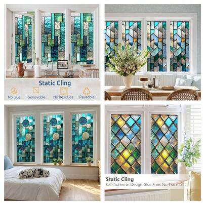1/5片装几何图案静电吸附窗膜，彩色玻璃隐私保护膜，无胶装饰PVC材质，适用于浴室、厨房、办公室、卧室，可重复使用可移除马赛克玻璃贴纸