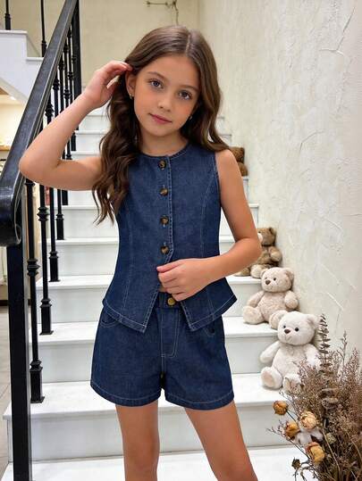 Girls Denim Set, Fashionable Casual Solid Color Minimalist Sleeveless Denim Vest Top And Denim Shorts 2-Piece Set, Summer