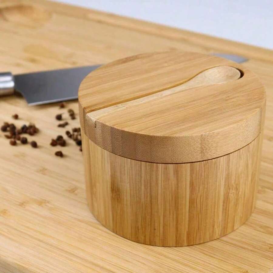 1 Pack Bamboo Seasonings Box With Spoons Salt Box With Lids Pepper Spice Cellars Storage Container - Wood Color - View 1