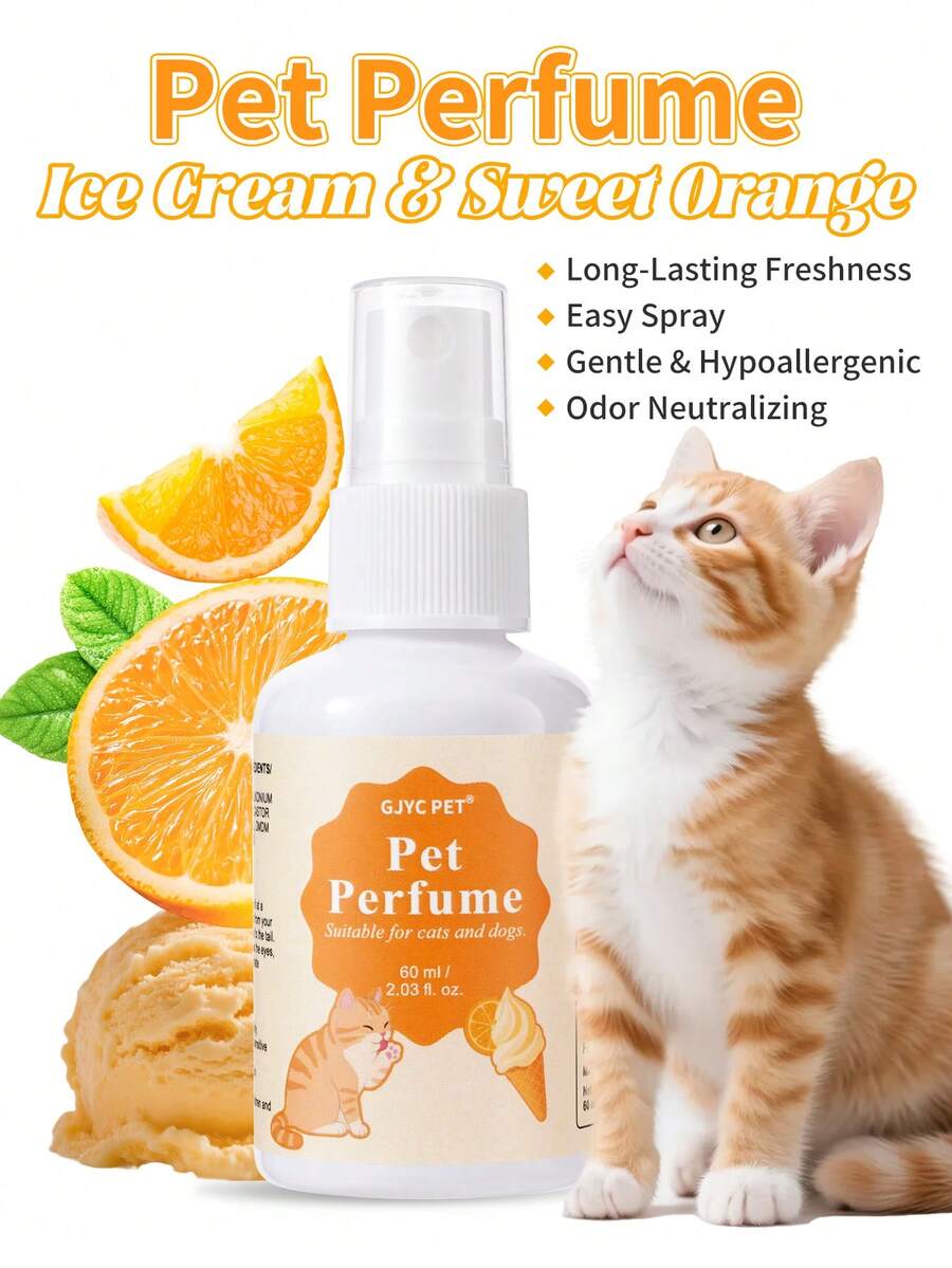 GJYC PET 67 ml Eis & Süße Orange Haustier Parfüm Spray - Langanhaltender Geruchsentferner Spray für Hunde & Katzen, Starker Geruchsentferner mit frischem Duft - Eiscreme mit süßer Orange - Übersicht 1