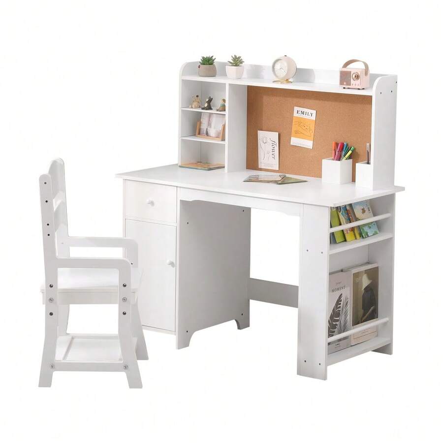 Gaderth Kids Study Desk With Chair, Kids Desk And Chair Sets With Hutch, Drawer And Storage Cabinet, Wooden Children Study Table With Cork Bulletin Board, Ideal For Boys And Girls Ages 3-8 - White - View 1