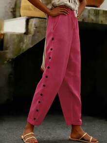 Solid Color Elastic Waist Adjustable Drawstring Side Button Pocket Women Casual Pants, Suitable For Daily, Home And Outdoor Occasions - Hot Pink - View 3