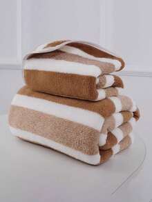 1 Set Coral Fleece Bath Towel, Large Striped Soft And Comfortable Towel Set For Home Use - Multicolor - View 8