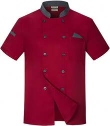 Unisex Double-Breasted Chef Coat Back Full Mesh Lightweight Chef Jacket Color Stitching Chef Uniform - 紅 - 查看 9