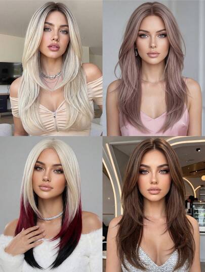 26英寸铂金色至红色至黑色渐变直发假发，女士款 - 耐热合成纤维，可调节帽套，无胶帽套 | 潮流Y2K风格，蓬松丰盈 | 角色扮演/派对/万圣节