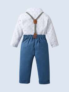BOARNSEORL 2pcs Baby Boys Gentleman Outfit, Long Sleeve Random Print Shirt With Bow Tie And Bib Pants, Fashionable & For Birthday Party, Wedding, Christening, 1st Birthday - Blue - View 3