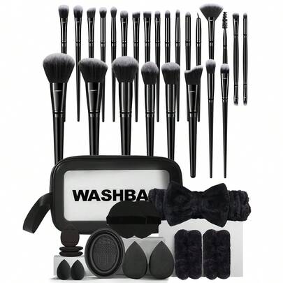 39件套化妆工具套装，包括：25支化妆刷套装+1个多功能防水拉链化妆包+2个化妆海绵+2个迷你化妆海绵+2个气垫粉扑+3个迷你气垫粉扑+1个发圈+2个手碗挂绳+1个化妆刷清洁工具