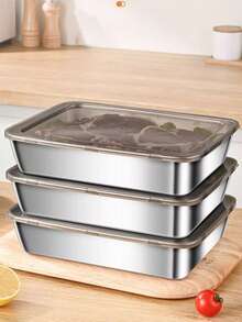 3 piezas Recipientes de almacenamiento de alimentos de acero inoxidable herméticos con tapas, cajas de almuerzo apilables a prueba de fugas de metal, recipientes de almacenamiento de alimentos para refrigerador y congelador, adecuados para cocina y picnic - Multicolor - Ver 9