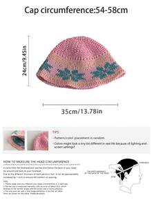 Vintage Jacquard Hollow-Out Blue Bucket Hat, Thin Knitted Bucket Hat With High-End Feel, Large Head Circumference, Rainbow Striped Hollow-Out Straw Hat For Women, Outdoor Sun Protection Wide Brim Hat, New Handmade Large Version Bucket Hat For Vacation And Beach,Summer,Holiday,Travel - Leaf Jacquard - View 3