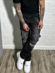 Men's High Stretch Straight Leg Casual Washed Distressed Minimalist Retro Jeans - Black - View 6