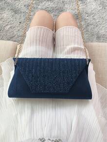 REMANLAND Glamorous Sparkling Rhinestone Decor Chain Bag, Magnetic Closure, Elegant Fashion Party Clutch, Suitable For Women's Birthday Party, Charming Evening Shoulder Bag - Navy Blue - View 9