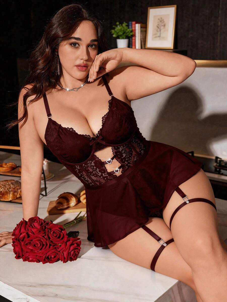 Women's Plus Size Teddy Lingerie Sets With Garter Cut Out Floral Lace Exotic Lingerie Bodysuit Night Gown Women Lenceria Pijama De Navidad Lingerie For Women - 酒紅色 - 查看 1