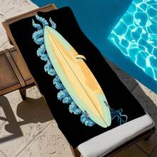 This Black Beach Towel Showcases A Stunning Design With A Surfboard And Octopus Tentacles, Along With A Light Blue Hat Motif. It'S Resistant To Sand And Dries Quickly, Perfect For Summer Activities Like Surfing, Swimming, And Pool Trips - A - Xem 5