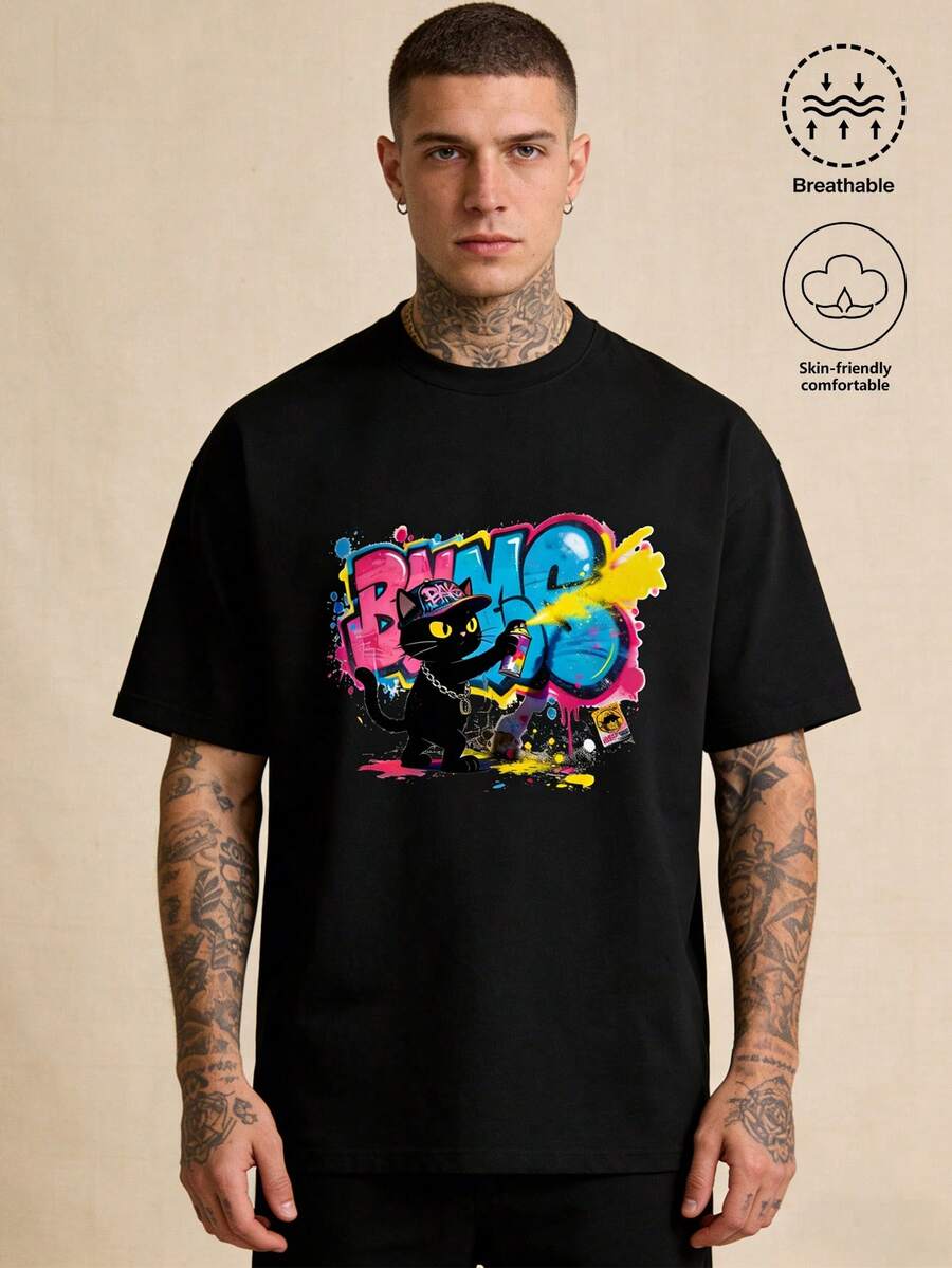2026 New Men's Street Graffiti Black Cat Spray Print T-Shirt, Loose Short Sleeve Top, Summer Outfit - Black - View 1