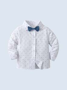 BOARNSEORL 2pcs Baby Boys Gentleman Outfit, Long Sleeve Random Print Shirt With Bow Tie And Bib Pants, Fashionable & For Birthday Party, Wedding, Christening, 1st Birthday - Blue - View 6