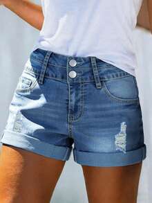 New Women's Two-Button Waist Mid-Rise Slim Fit Washed Denim Shorts - Dark Wash - View 5