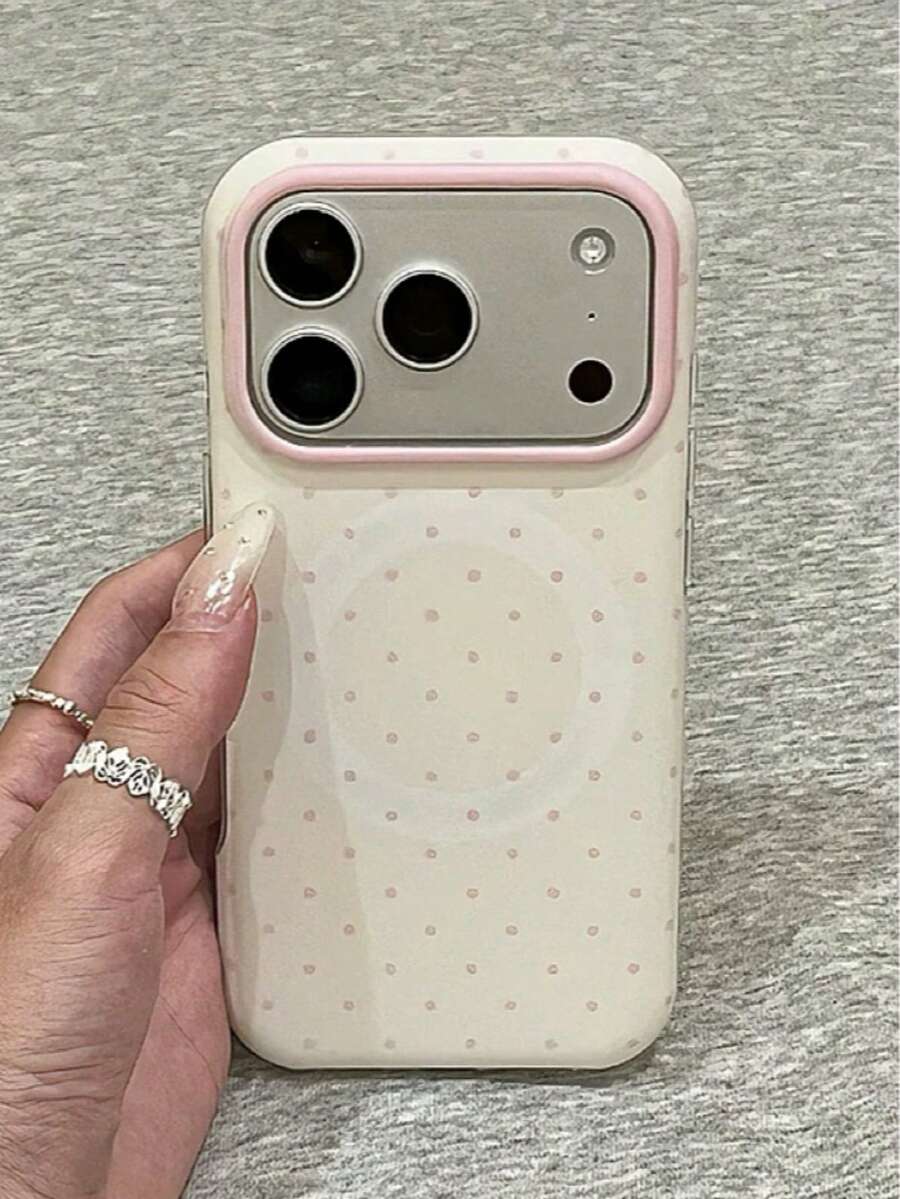 Minimalist Polka Dot Phone Case Suitable Compatible With Iphone 16 Pro Max, 17 New Model, 15 PM, Cute Korean Style, Shock-Proof Full Coverage Phone Case Compatible With Iphone 16 Pro, 17 Pro - Pink - View 1