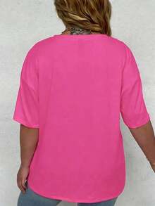 Large V-Neck Short Sleeved T-Shirt With  Print, Suitable For Spring And Summer, Women's Clothing Graphic Tees Women Tops - Hot Pink - View 3
