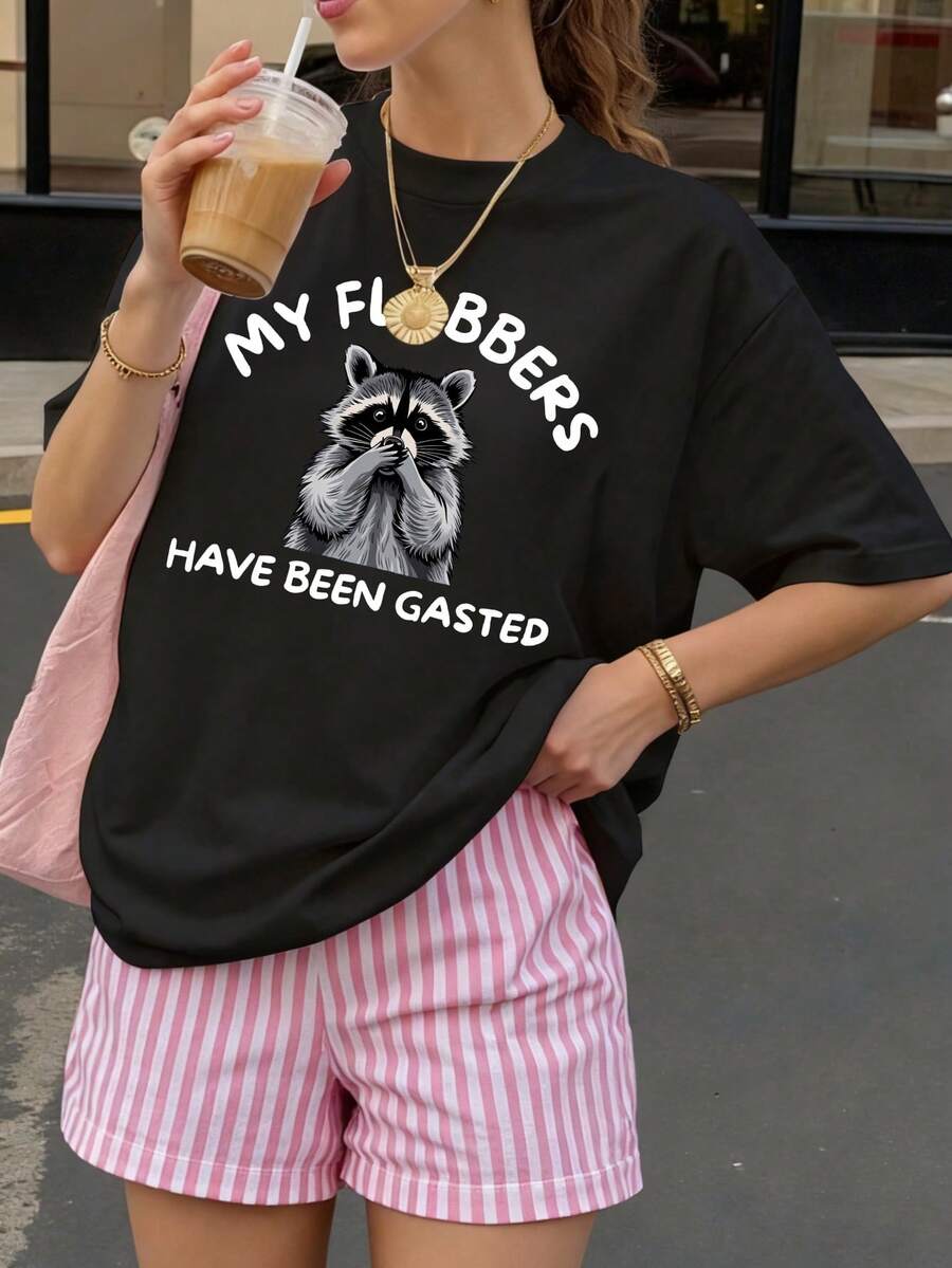 Black Oversized T-shirt, 1 pcs My Floppers Have Been Gasted Raccoon Print 180g Pure Heavy 100% Polyester T Shirt - Negro - Ver 1
