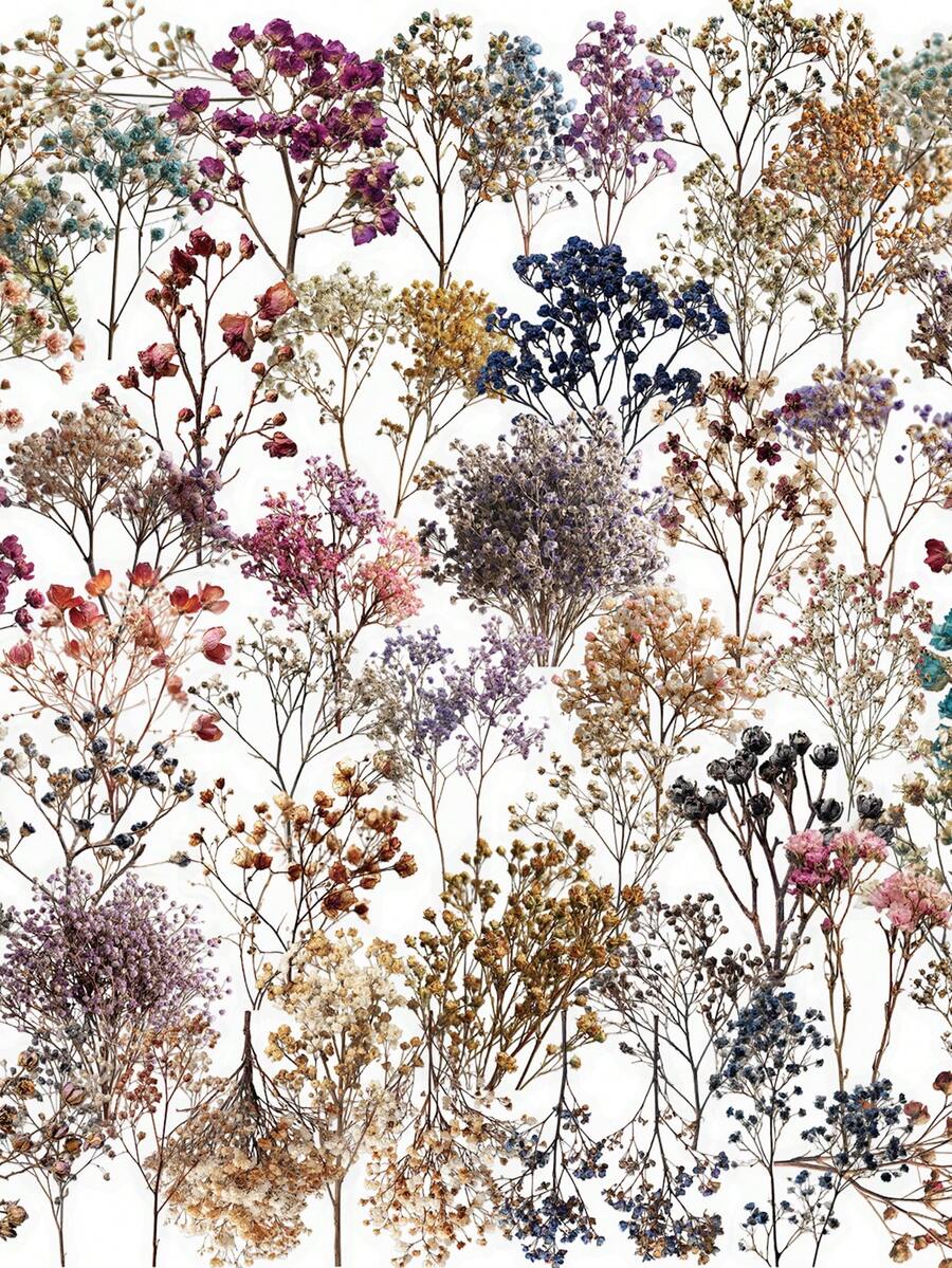 50pcs Vintage Dried Flower Transparent PET Creative Graffiti Stickers, Suitable For Luggage, Water Bottles, Skateboards, Etc.