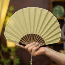 Japanese Style Retro Shell Shaped Fan, Silk Cloth Bamboo Folding Fan – With Pendant, Solid Color Curved Fanbone, Wedding Hand Fan - green - 查看 3