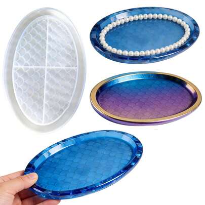 1pc Oval Resin Tray Mold, 8 Inch Oval Resin Silicone Mold, Fish Scale Jewelry Storage Box Epoxy Casting Mold With Edge, Jewelry Making, Stand Container Tray, Candle Holder, DIY Crafts, Home Decor