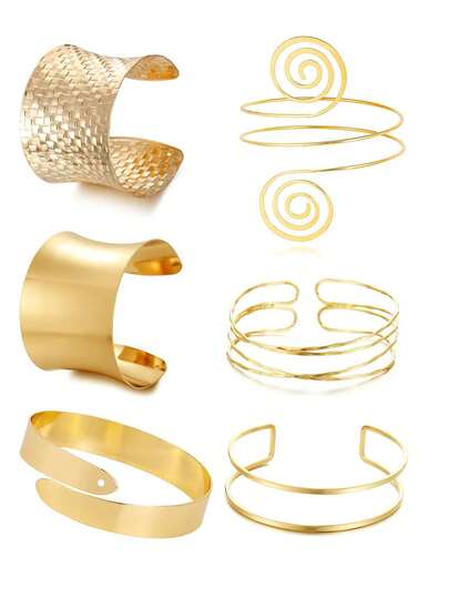 1/6 Piezas Conjunto de brazaletes de puño de oro minimalista, brazaletes de puño gruesos de oro para mujeres, conjunto de brazaletes de declaración de oro, joyería de puño y brazalete superior de brazo punk, ajustable, conjunto de joyería de brazalete superior de brazo y conjunto de pulseras para mujeres