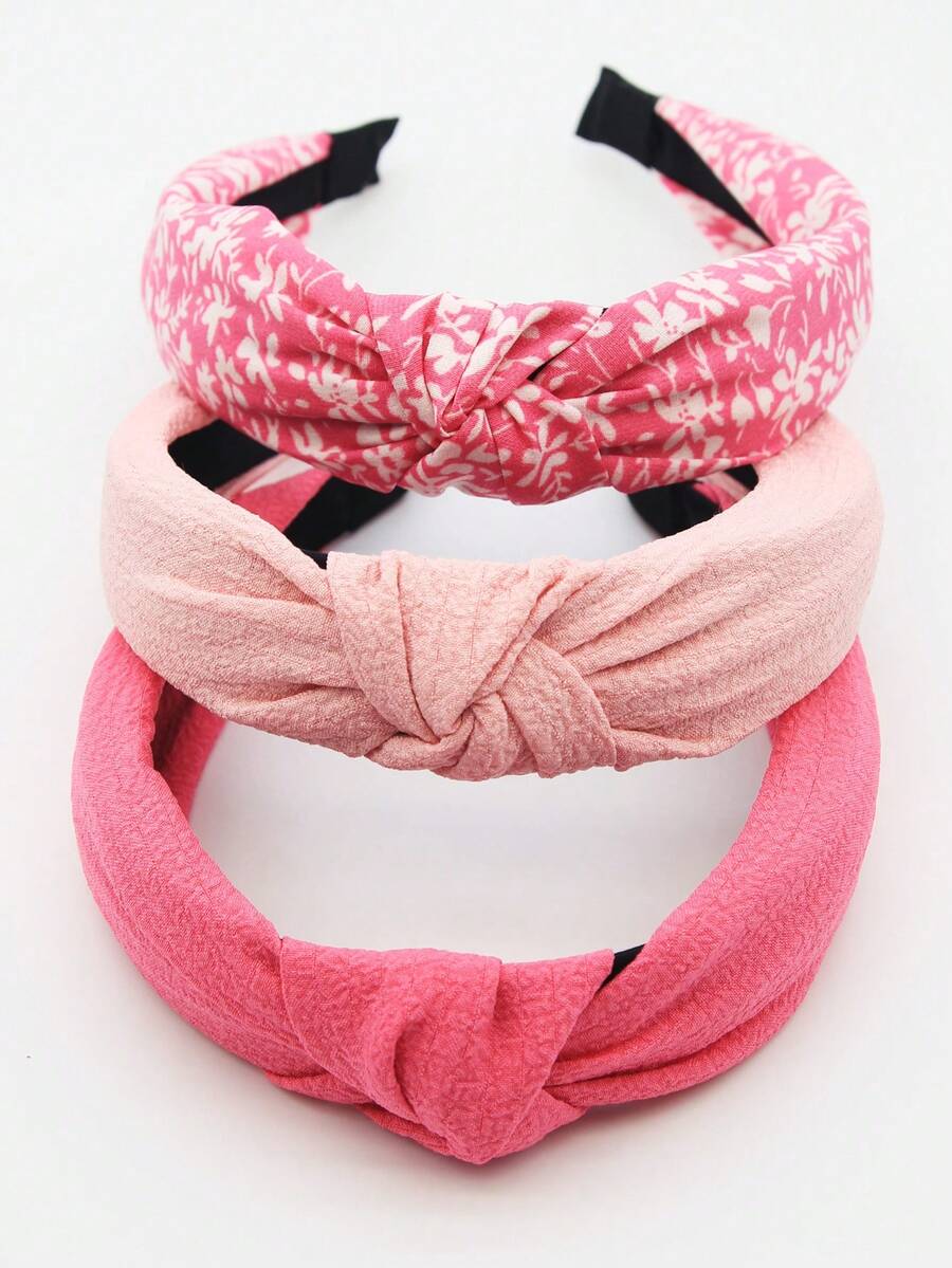3pcs Blue & Pink Fabric Floral Solid Color Non-Slip Headbands, Curved Headbands, Fashion Hair Accessories, Suitable For Daily Wear, Outdoor Activities, Washing Face & Makeup, Can Be Used As Casual Hair Accessories, Hair Styling Tools, Beauty Accessories, Curling Accessories,Festival,Party - Pink - View 1