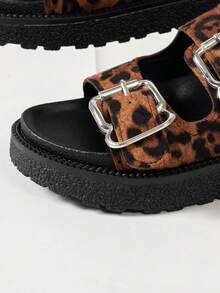 Leopard Print Double-Buckle Sandals For Women, Thick Sole Slip-On Slippers, Fashion Versatile Summer Outdoor Slides - Leopard Brown - View 8